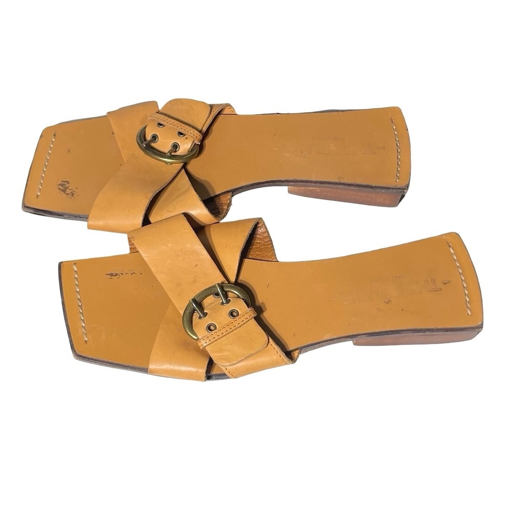 The Seller Tan Leather Square Toe Buckle Slide Sandals Made in Italy Size 37